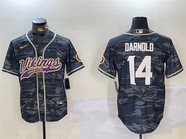 Men's Minnesota Vikings #14 Sam Darnold Grey Camo Cool Base Stitched Baseball Jersey Men's Minnesota Vikings #14 Sam Darnold Grey Camo Cool Base Stitched Baseball Jersey